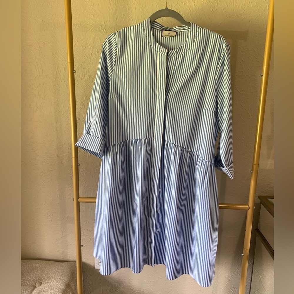 Blue and white striped shirt dress